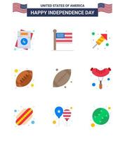 Group of 9 Flats Set for Independence day of United States of America such as footbal american ball fire work sports ball Editable USA Day Vector Design Elements