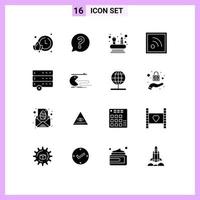 Set of 16 Vector Solid Glyphs on Grid for computer devices competencies data rss Editable Vector Design Elements