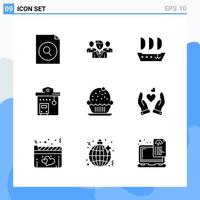 Modern 9 solid style icons. Glyph Symbols for general use. Creative Solid Icon Sign Isolated on White Background. 9 Icons Pack. vector