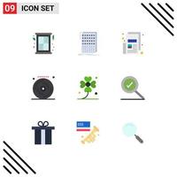 Mobile Interface Flat Color Set of 9 Pictograms of clover music studio celebration print Editable Vector Design Elements