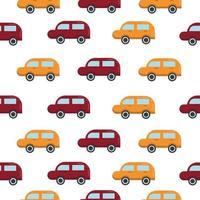 lindo patrón sin costuras de color brillante para niños que consiste en imágenes de autos de juguete en colores rojo y naranja. patrón de coche para la impresión. Ilustración vectorial sobre fondo blanco vector