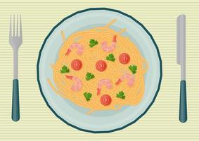 Appetizing Spaghetti dishes of Mediterranean cuisine, consisting of products such as macaroni, tomatoes,shrimp, parsley. Pasta on a plate lying on a napkin with a knife and fork. Vector. vector
