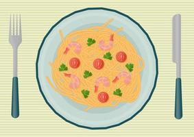 Appetizing Spaghetti dishes of Mediterranean cuisine, consisting of products such as macaroni, tomatoes,shrimp, parsley. Pasta on a plate lying on a napkin with a knife and fork. Vector. vector