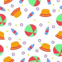 A bright summer beach seamless pattern featuring a beach ball cap and a water bottle in different colors. Vector illustration.