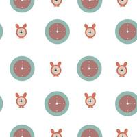 Children s seamless pattern with a clock with a red dial and an alarm clock with bunny ears. Vector .