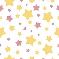 Bright star children s seamless pattern with the image of multi-colored stars in yellow and pink. Children s print in pastel colors. Vector illustration on white background.