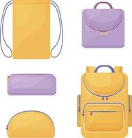 A school kit consisting of yellow and lilac school bags, such as a backpack, a rectangular and round pencil case for pens and pencils, a shoe bag and a briefcase. Vector on a white background