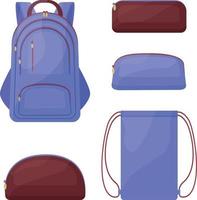 un kit escolar que consta de mochilas escolares azules y marrones, como una mochila, un estuche rectangular y redondo para bolígrafos y lápices, y una bolsa para zapatos. ilustración vectorial aislada en un fondo blanco vector