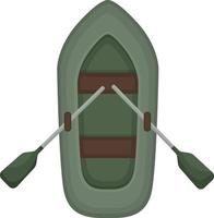 An image of a green inflatable rubber boat with oars. Boat for fishing and recreation on the river, lake, pond. A travel accessory. Vector illustration isolated on a white background