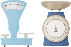 Large store scales for weighing products and other items. Analog scales of various shapes. Vector illustration isolated on a white background