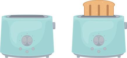 Illustration with the image of blue toasters. Toaster with toast and empty. An electric kitchen appliance designed for roasting thin slices of bread. Vector illustration isolated on a white background