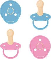 A set consisting of baby pacifiers in blue and pink colors. Collection of nipples.Baby nipples, side view and bottom view. Vector illustration isolated on a white background