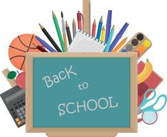 A bright school illustration consisting of a blackboard with the inscription back to school. And school supplies such as a calculator, a basketball, pencils, pens, a ruler,paints,a notebook.Vector vector