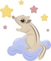 linda ilustración infantil, una ardilla listada sentada en una nube, buscando una estrella en el cielo. lindo gopher animal de cuento de hadas. una brillante ilustración de una ardilla para impresiones infantiles. vector. vector