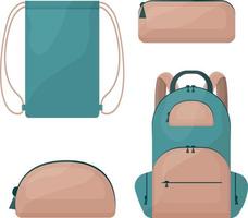 A school set consisting of school bags, such as a backpack, a rectangular and round pencil case for pens and pencils, and a shoe bag. Vector illustration isolated on a white background