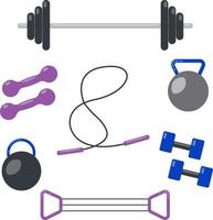 gimnasio salud workou conjunto accesorios y deporte estilo plano diseño vector ilustración icono . Aislado en un fondo blanco.