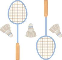 Badminton rackets. A set featuring badminton rackets and shuttlecocks. Sports accessories for game sports. Vector illustration isolated on a white background