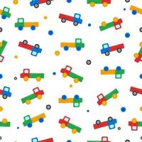 Cute seamless pattern consisting of colorful children s truck toys in red blue green and orange colors. Vector illustration.