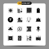 Set of 16 Vector Solid Glyphs on Grid for currency energy data electric grid Editable Vector Design Elements