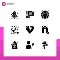 9 Universal Solid Glyphs Set for Web and Mobile Applications love heart attack creative stethoscope health Editable Vector Design Elements