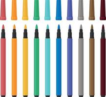 A bright school set of multi-colored markers, school objects and accessories for creativity and drawing. Stationery vector illustration on a white background