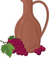 A clay jug for red wine with a bunch of grapes with green grape leaves lying next to it. A wine vessel. A decanter of wine. Vector illustration isolated on white background.