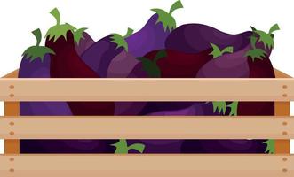 Bright autumn illustration with the image of a wooden box with eggplants A harvest of fresh eggplants in a wooden box. Vegetables are in the drawer. Vector illustration on a white background