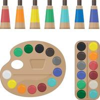 A bright color set of multi-colored paints for creativity and drawing. School paint kit. The artist s accessories. Paints in tubes and on the palette. Vector illustration on a white background