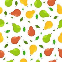Fruit pear bright summer seamless pattern with the image of ripe pears of yellow orange and green color with green leaves. Vector illustration on white background.