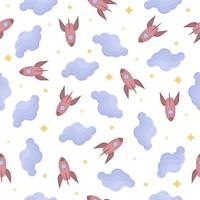 Children s seamless pattern with the image of a red rocket of blue clouds and yellow stars. Children s print. Vector illustration on white background.