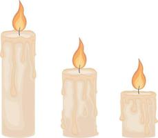 An illustration depicting three romantic burning candles. Wax candles of different sizes. Three candle flames, vector illustration isolated on a white background