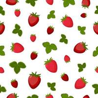 Fruit strawberry bright summer seamless pattern featuring ripe strawberries and green leaves. Vector illustration on white background.