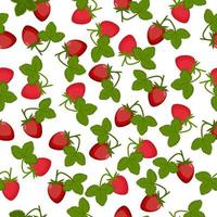 Strawberry juicy summer seamless pattern with a picture of a ripe red strawberry with green leaves. Summer print. Vector illustration on white background.