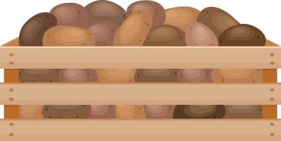 A bright autumn illustration with the image of a wooden box with potatoes. The harvested crop of fresh potatoes in a wooden box. Vegetables are in the drawer. Vector illustration on a white background