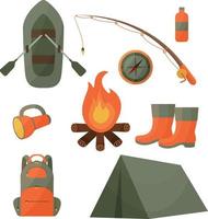 A set of images on the topic of tourism, travel, fishing, outdoor recreation. Consisting of a tent, fishing rod, fire. A compass, a backpack, a boat, and also boots and a lantern. Vector .