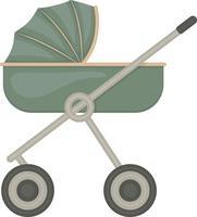 A cartoon-style baby stroller. Green stroller for transporting babies. Vector illustration isolated on a white background