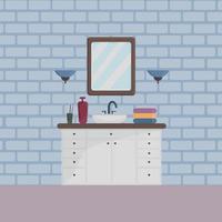 An illustration of the bathroom interior with an image of a chest of drawers with a sink and a mirror, as well as towels, shampoo and lamps hanging on a brick wall. Vector illustration