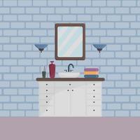 An illustration of the bathroom interior with an image of a chest of drawers with a sink and a mirror, as well as towels, shampoo and lamps hanging on a brick wall. Vector illustration