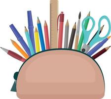 a large school pencil case with various school supplies, such as a ruler, a pen, colored pencils, a brush, felt-tip pens and scissors. A set of stationery in a pencil case. Vector illustration