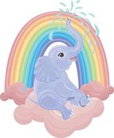 linda ilustración infantil brillante. un lindo elefante azul se sienta en una nube rosa cerca de un arco iris y deja salir una fuente de agua de su tronco. ilustración impresa en color para niños. vector en blanco