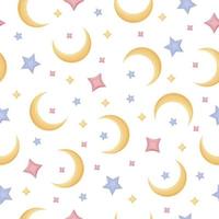 Bright children s color seamless pattern. With a picture of a yellow moon and red blue and yellow stars. A crescent moon with stars. Moon pattern for the print, vector illustration .