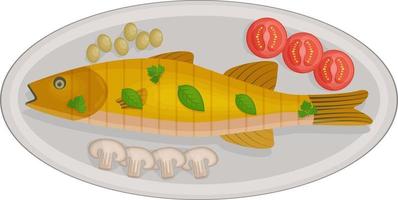 deliciosa lubina al horno servida en un plato ovalado con tomates cherry, aceitunas y champiñones y hojas de albahaca. un plato tradicional de la cocina mediterránea. ilustración vectorial vector