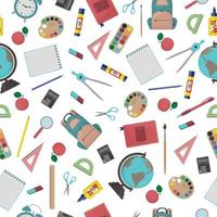 School seamless pattern consisting of school stationery such as a backpack, notebook, globe, compass, calculator, eraser and also paints, glue, ruler, eraser and alarm clock.Vector illustration vector