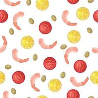 A bright, mouth-watering, seamless pattern featuring boiled prawns, sliced red tomatoes, olives, and juicy lemon. Mediterranean cuisine pattern. Vector. vector