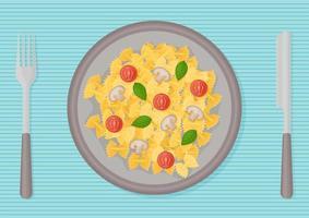 Appetizing Pasta dishes of Mediterranean cuisine, consisting of products such as macaroni, tomatoes,mushrooms, basil. Pasta on a plate lying on a napkin with a knife and fork. Vector. vector