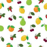Bright summer juicy fruit seamless pattern with pears,lemon,orange and cherries,strawberries and red currants depicted on it. Vector illustration on white background.