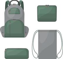 A school kit consisting of school bags in green and gray colors, such as a backpack, a rectangular pencil case for pens and pencils, a shoe bag and a briefcase. Vector illustration