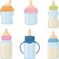 A set of bottles with a pacifier for babies. Baby feeding bottles filled with milk. Collection of baby milk bottles. Vector illustration isolated on a white background