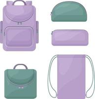 A school kit consisting of school bags, such as a backpack, a rectangular and round pencil case for pens and pencils, a shoe bag and a briefcase. Vector illustration isolated on a white background