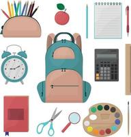 un conjunto de útiles escolares, papelería, un estuche con lápices, una manzana, un cuaderno, un bolígrafo, un despertador, un maletín escolar y también una calculadora, una regla, un pincel y pinturas, una lupa vector